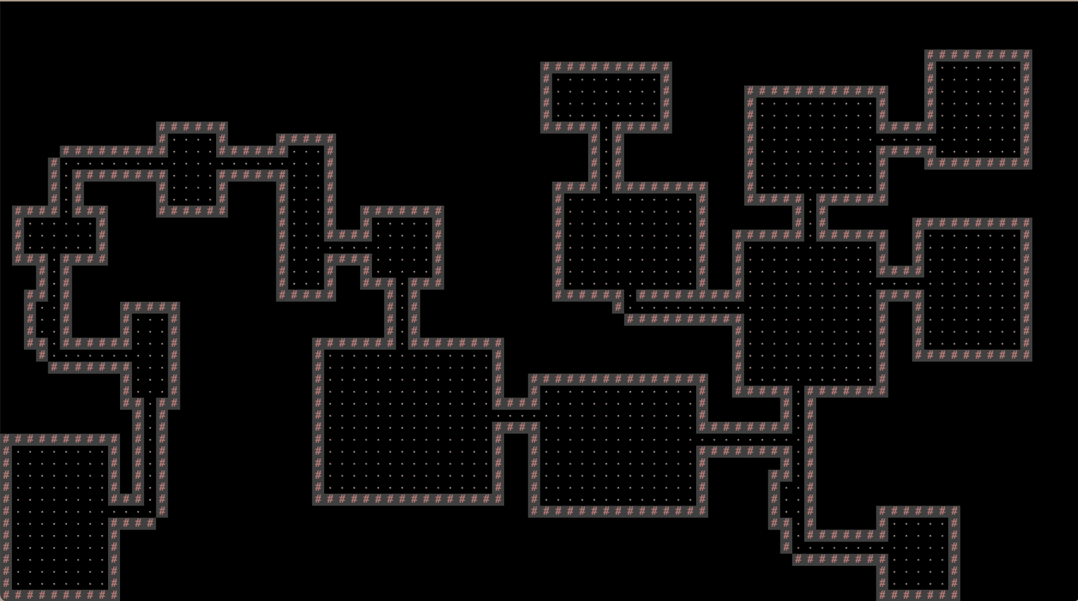 A second generated world with a visibly different room layout, demonstrating that a different seed produces a different map