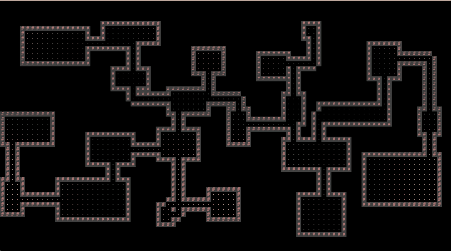 A generated world of rectangular rooms connected by narrow hallways, carved out of a solid black field