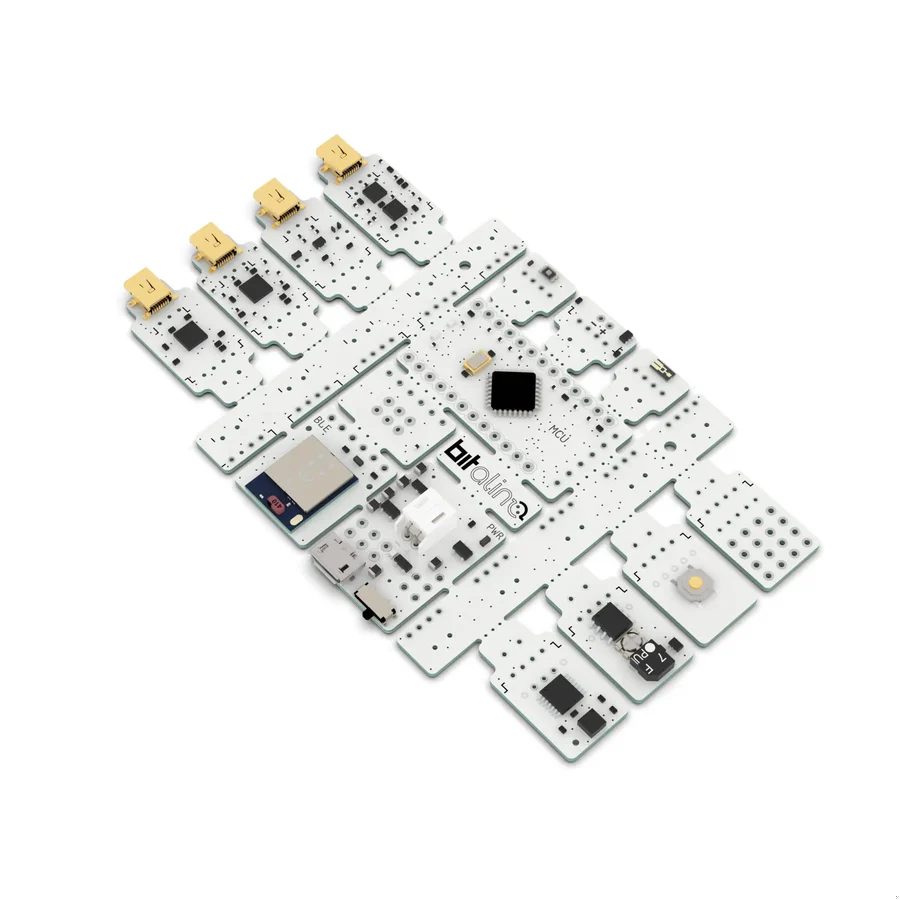 The BITalino revolution board kit, an array of small white circuit boards including the microcontroller, Bluetooth module, and sensor breakouts